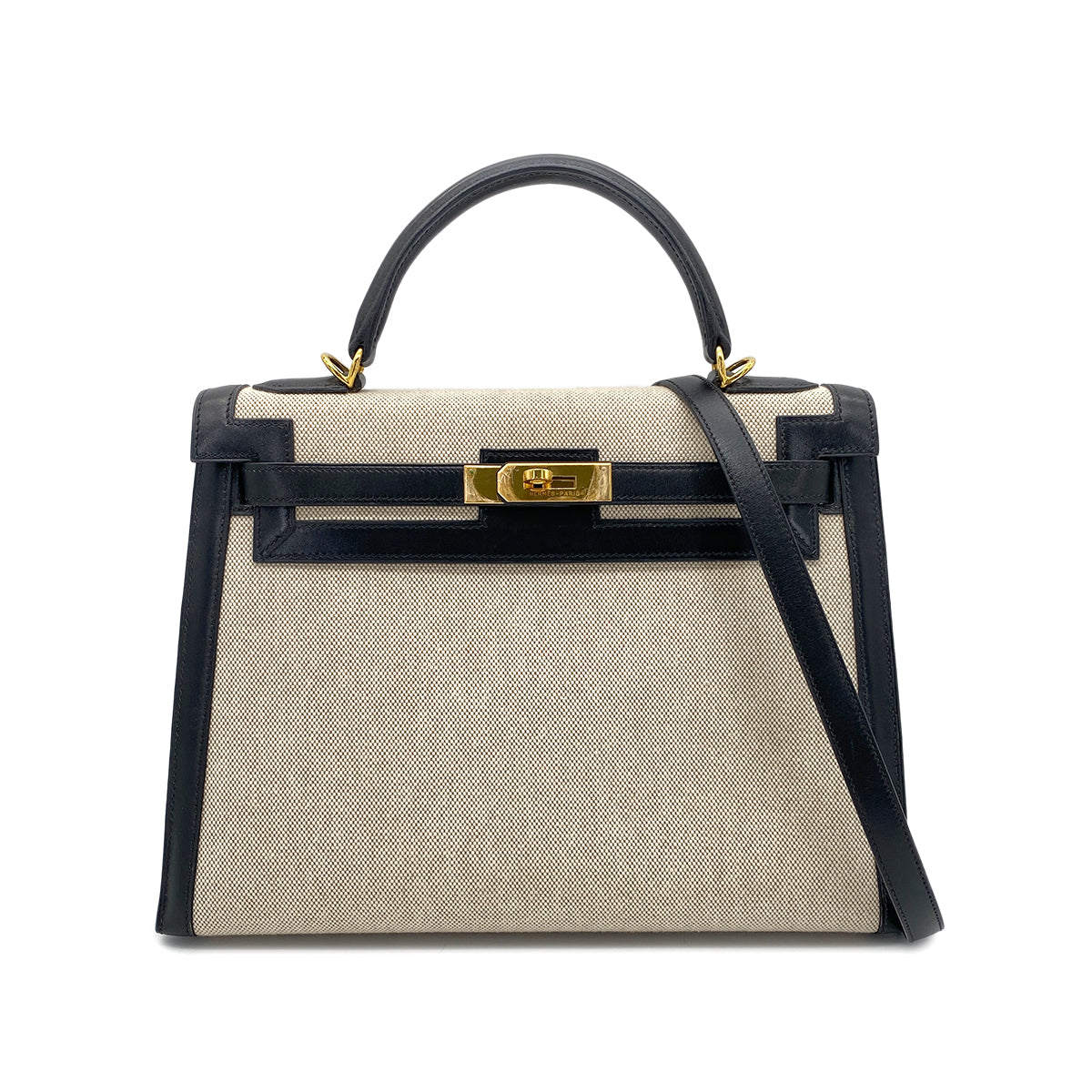 HERMES KELLY 32 BLACK BOXCALF TOILE H HAND SHOULDER BAG GHW □H 90270805