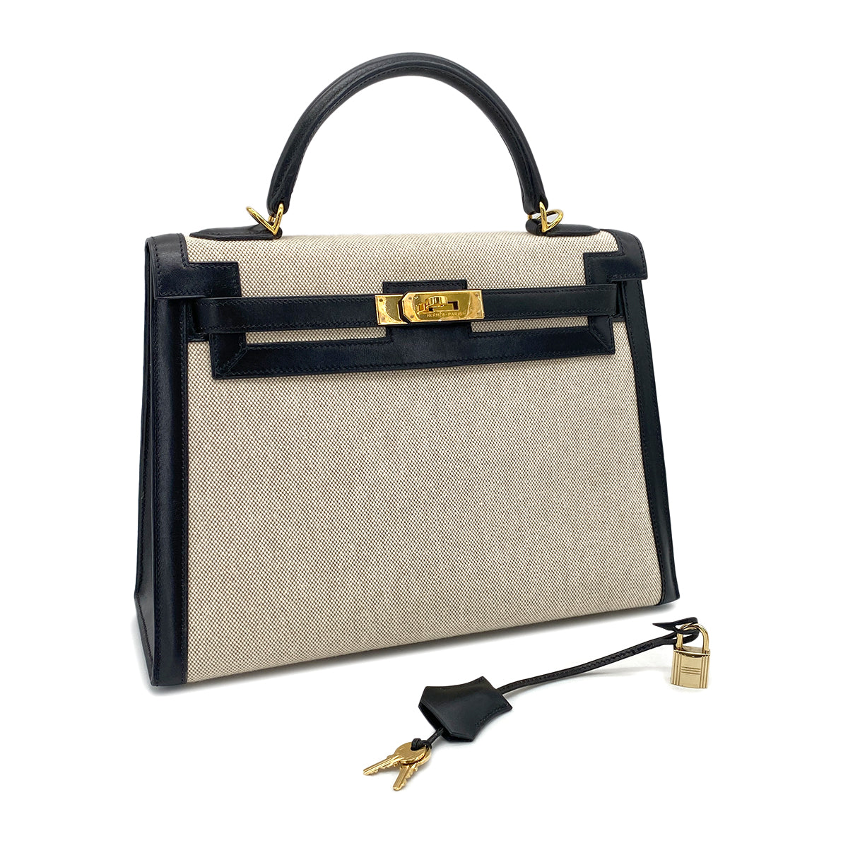 HERMES KELLY 32 BLACK BOXCALF TOILE H HAND SHOULDER BAG GHW □H 90270805