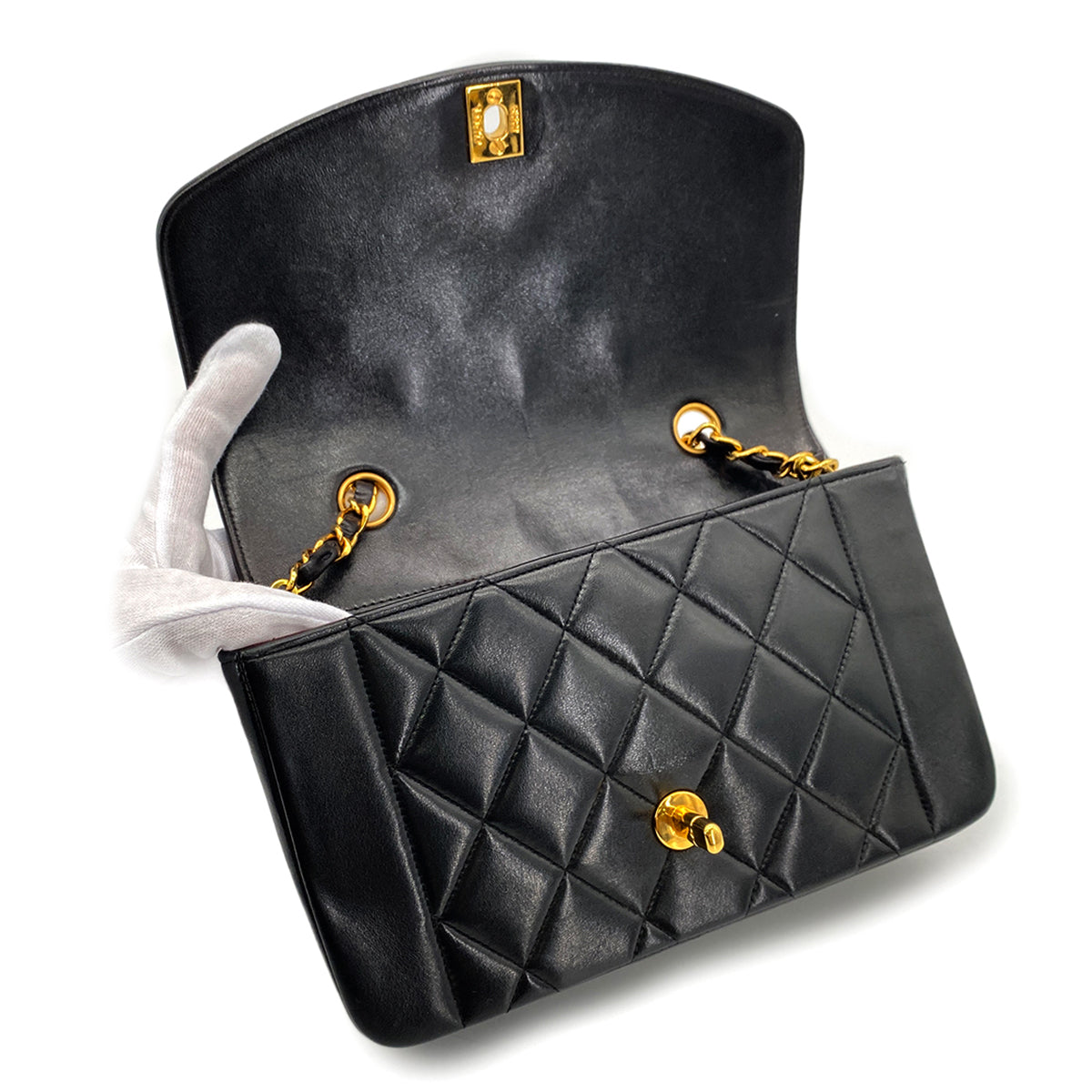 CHANEL VINTAGE DIANA SMALL CHAIN SHOULDER BAG BLACK LAMB SKIN 90270845