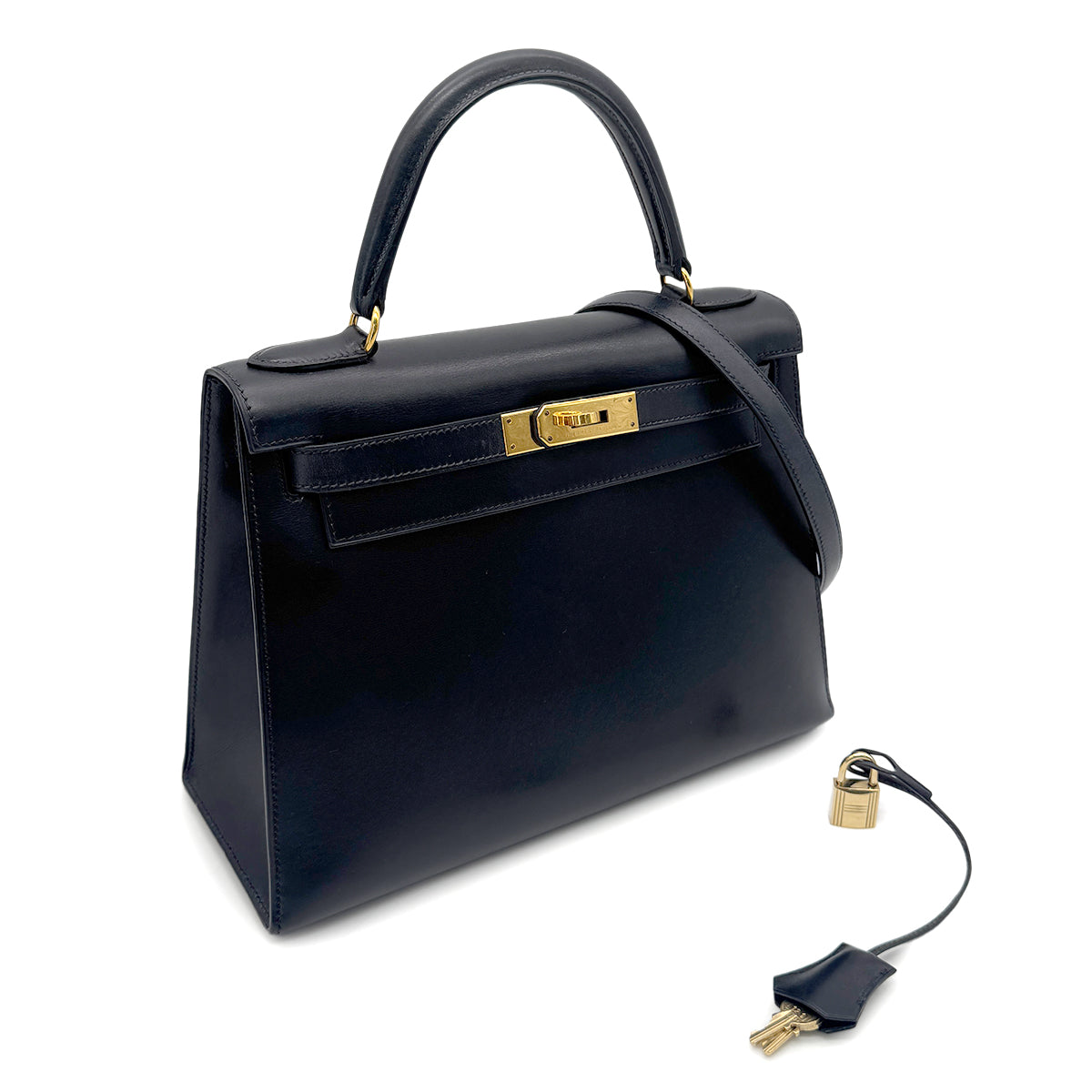 HERMES KELLY 28 SELLIER BLUE INDIGO BOX CALF HAND SHOULDER BAG □B GHW 90270855