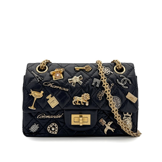 CHANEL 2.55 EMBROIDERY CHAIN SHOULDER BAG ICON BLACK CALF SKIN 90270858
