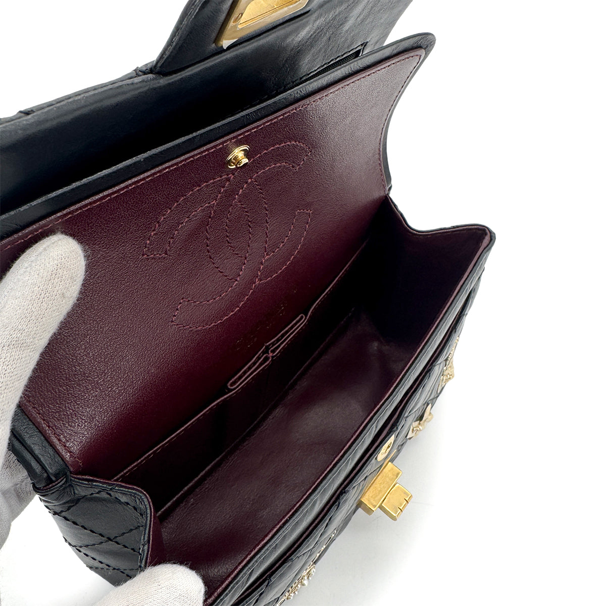 CHANEL 2.55 EMBROIDERY CHAIN SHOULDER BAG ICON BLACK CALF SKIN 90270858