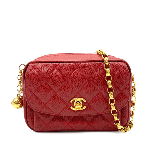 CHANEL VINTAGE MATELASSE BIJOU CHAIN SHOULDER BAG RED CAVIAR SKIN 90270868