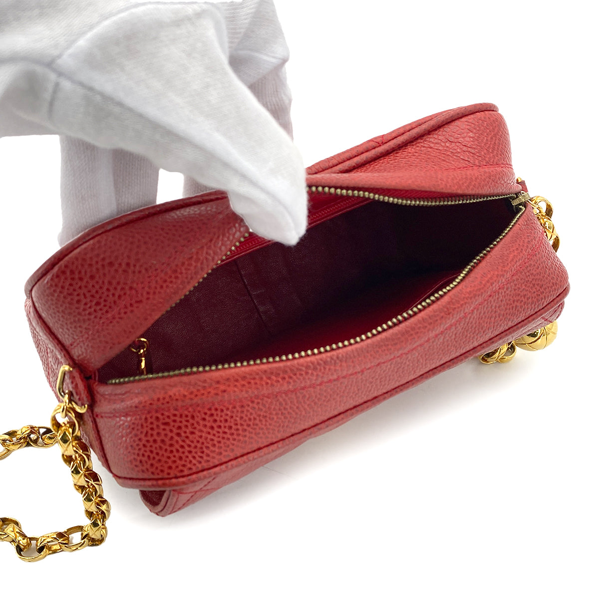 CHANEL VINTAGE MATELASSE BIJOU CHAIN SHOULDER BAG RED CAVIAR SKIN 90270868