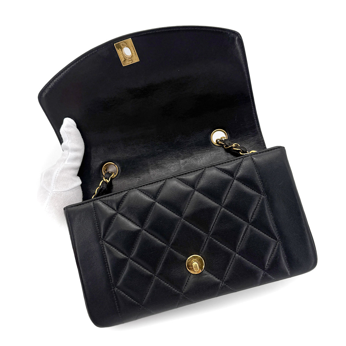 CHANEL VINTAGE DIANA SMALL CHAIN SHOULDER BAG BLACK LAMB SKIN 90270872