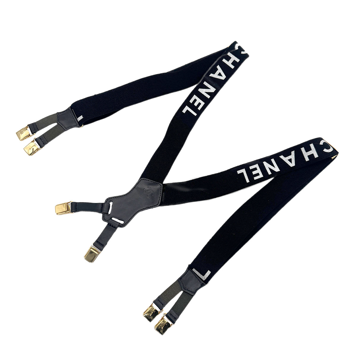 CHANEL VINTAGE SUSPENDER LOGO BLACK WHITE CANVAS LEATHER 90270878