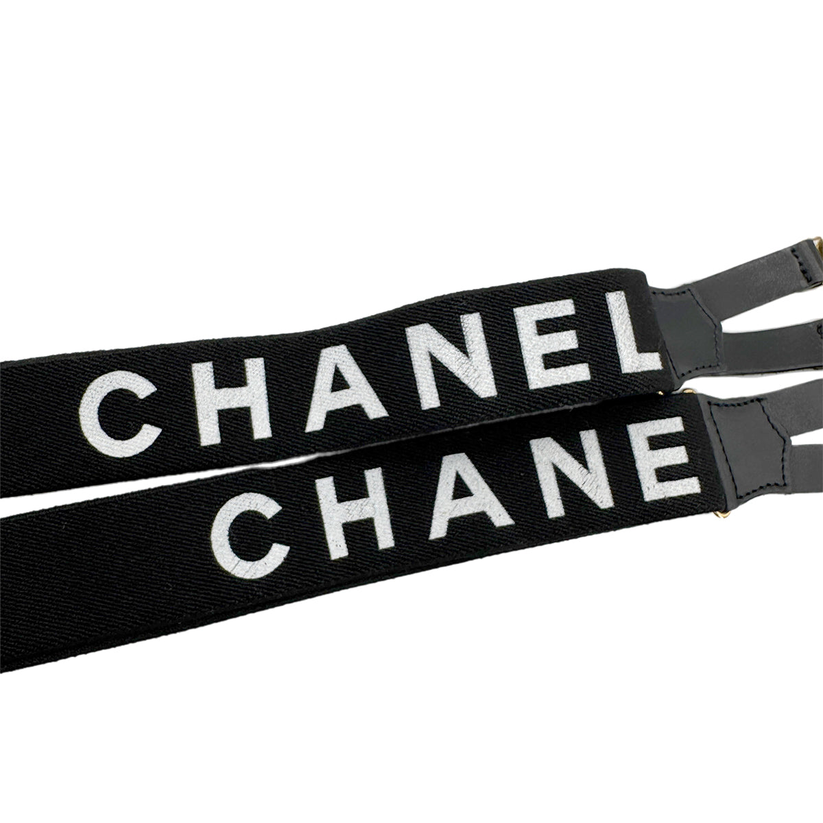 CHANEL VINTAGE SUSPENDER LOGO BLACK WHITE CANVAS LEATHER 90270878