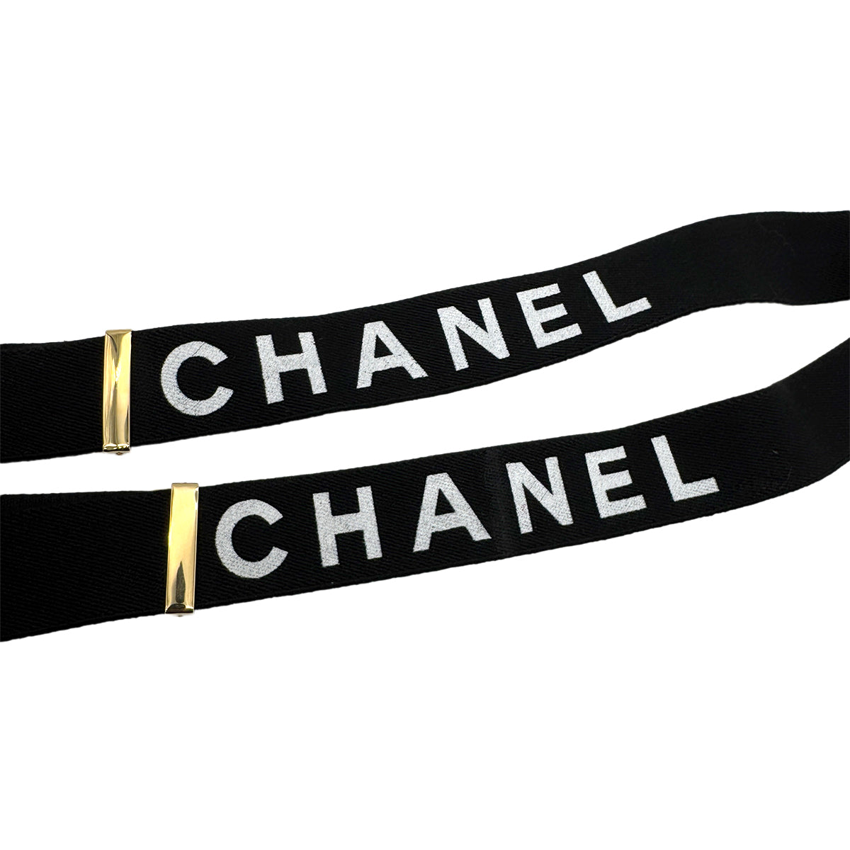 CHANEL VINTAGE SUSPENDER LOGO BLACK WHITE CANVAS LEATHER 90270878
