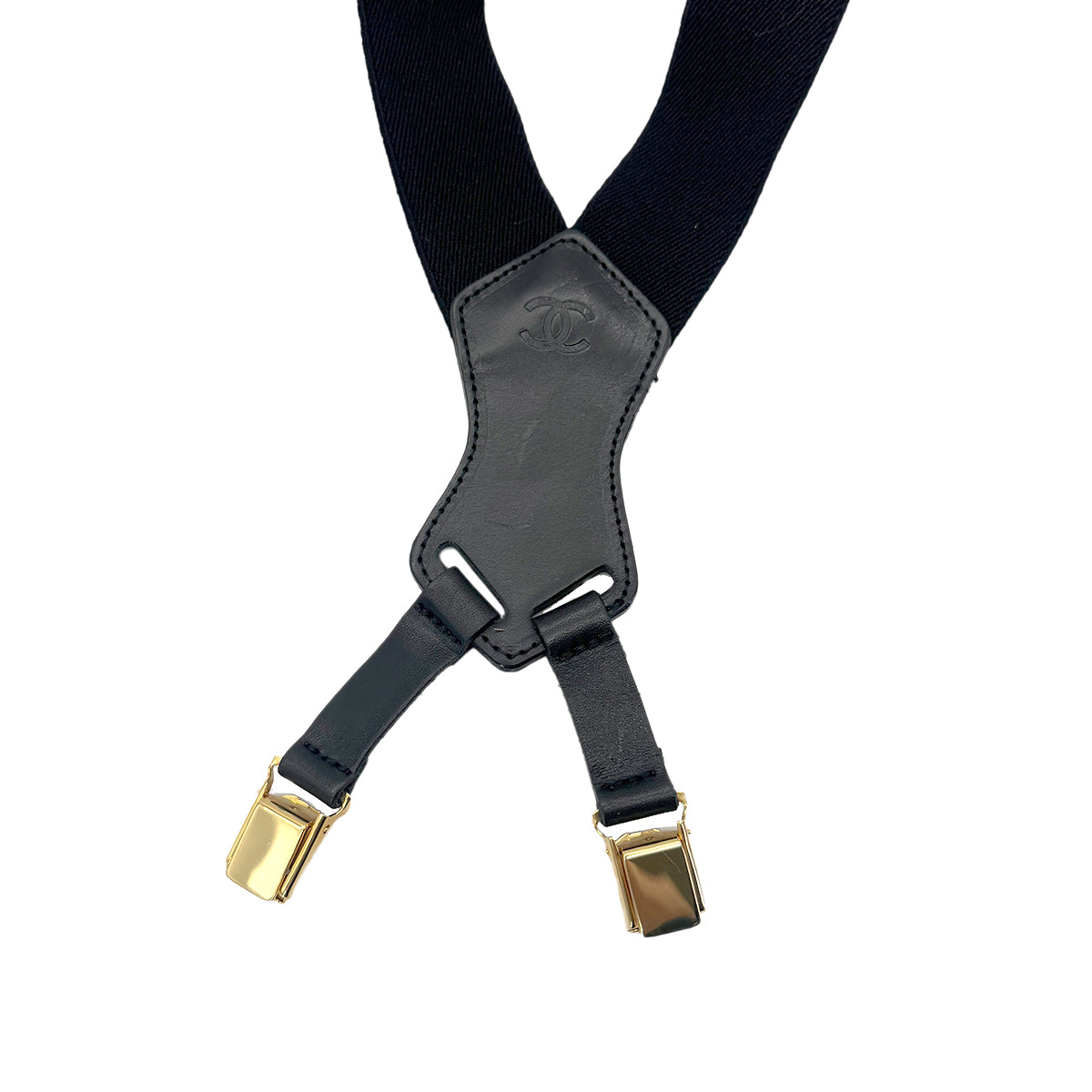 CHANEL VINTAGE SUSPENDER LOGO BLACK WHITE CANVAS LEATHER 90270878