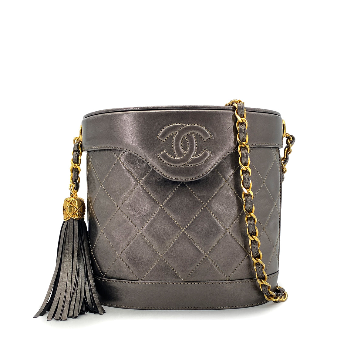 CHANEL VINTAGE MATELASSE FRINGE SHOULDER BAG GRAY LAMB SKIN 90270885