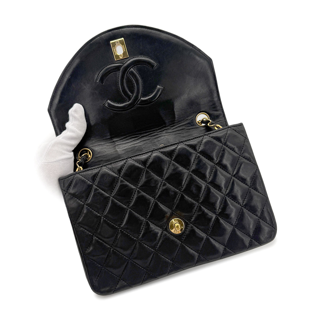 CHANEL VINTAGE HALF MOON CHAIN SHOULDER BAG BLACK LAMB SKIN 90270886