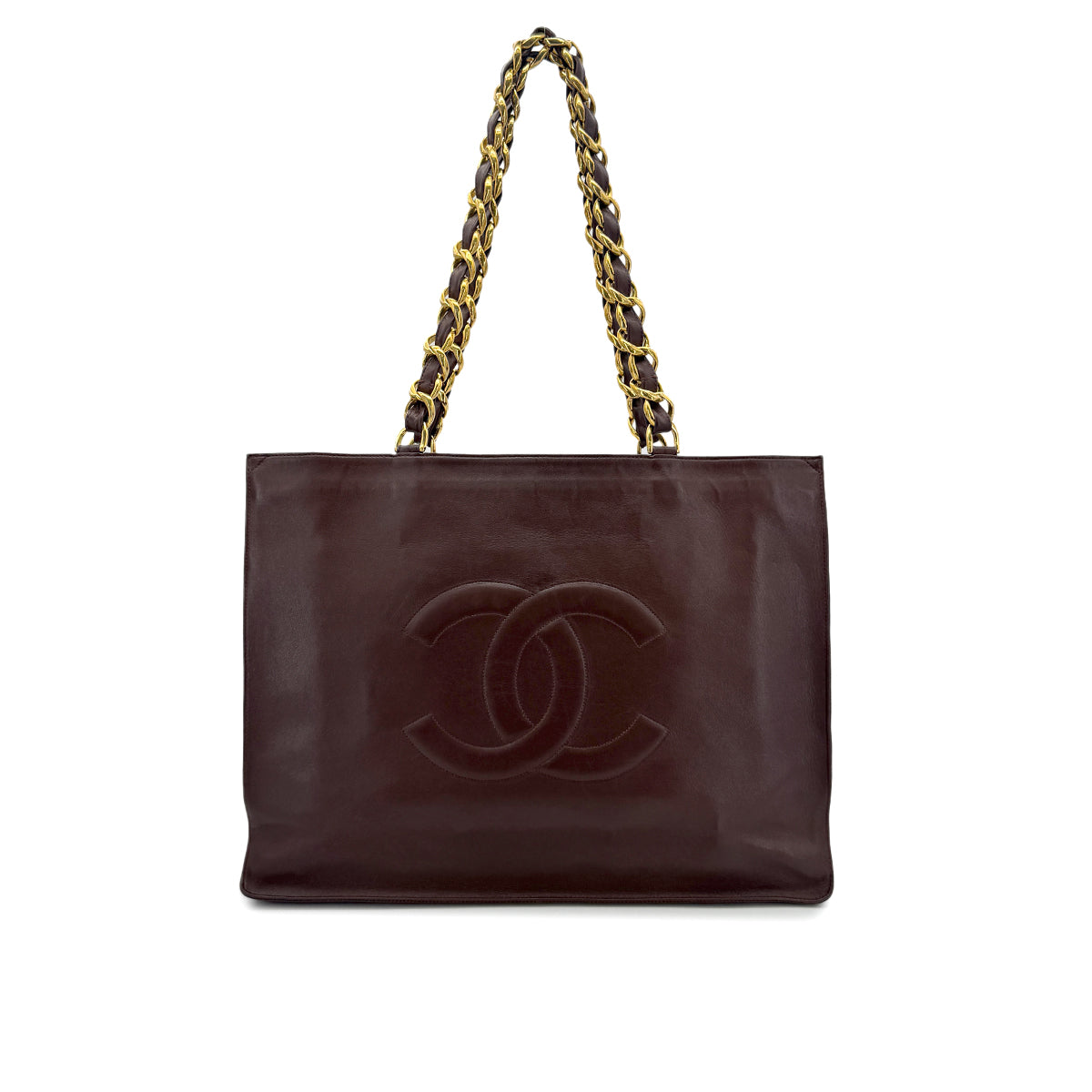 CHANEL VINTAGE BIG COCO CHAIN TOTE BAG BROWN LAMB SKIN 90271376