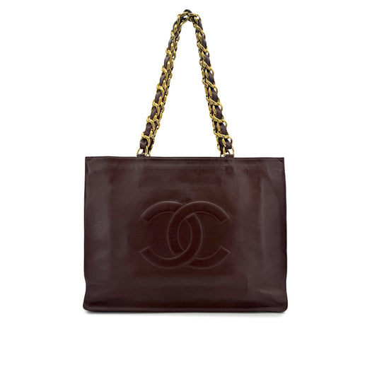 CHANEL VINTAGE BIG COCO CHAIN TOTE BAG BROWN LAMB SKIN 90271376