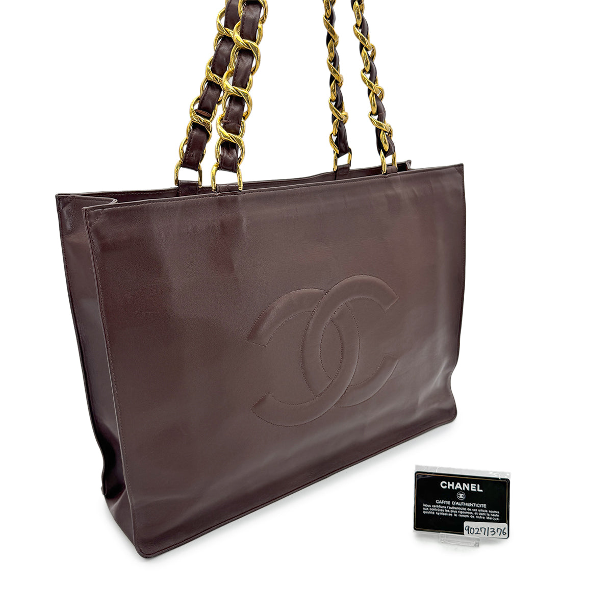 CHANEL VINTAGE BIG COCO CHAIN TOTE BAG BROWN LAMB SKIN 90271376