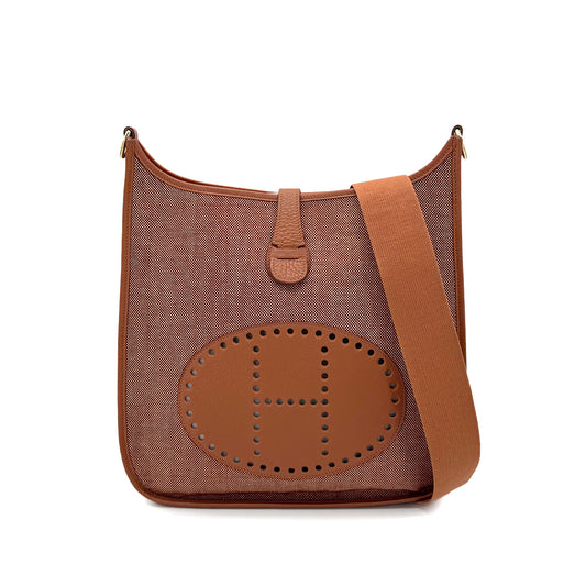HERMES EVELYNE GM FAUVE TOILE H NEGONDA SHOULDER BAG □A 90271707