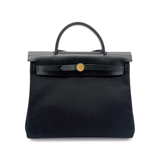 HERMES HER BAG ZIP 31 BLACK TOILE MILITAIRE TOTE SHOULDER Z 90271714