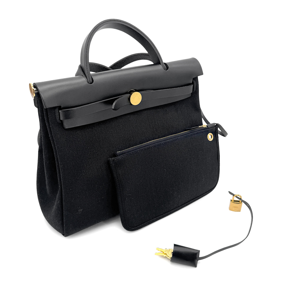 HERMES HER BAG ZIP 31 BLACK TOILE MILITAIRE TOTE SHOULDER Z 90271714