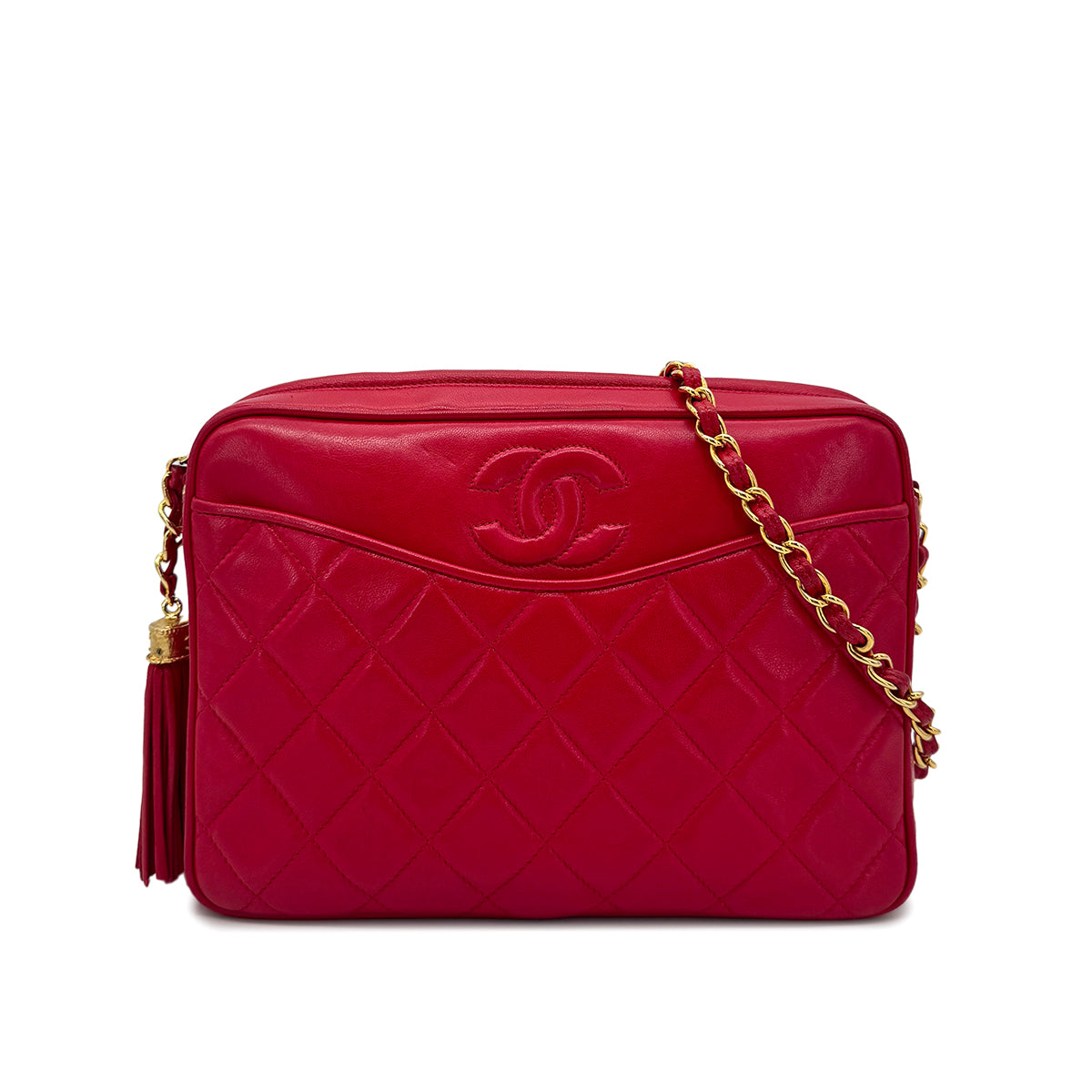 CHANEL VINTAGE MATELASSE FRINGE CHAIN SHOULDER BAG RED LAMB SKIN 90271726