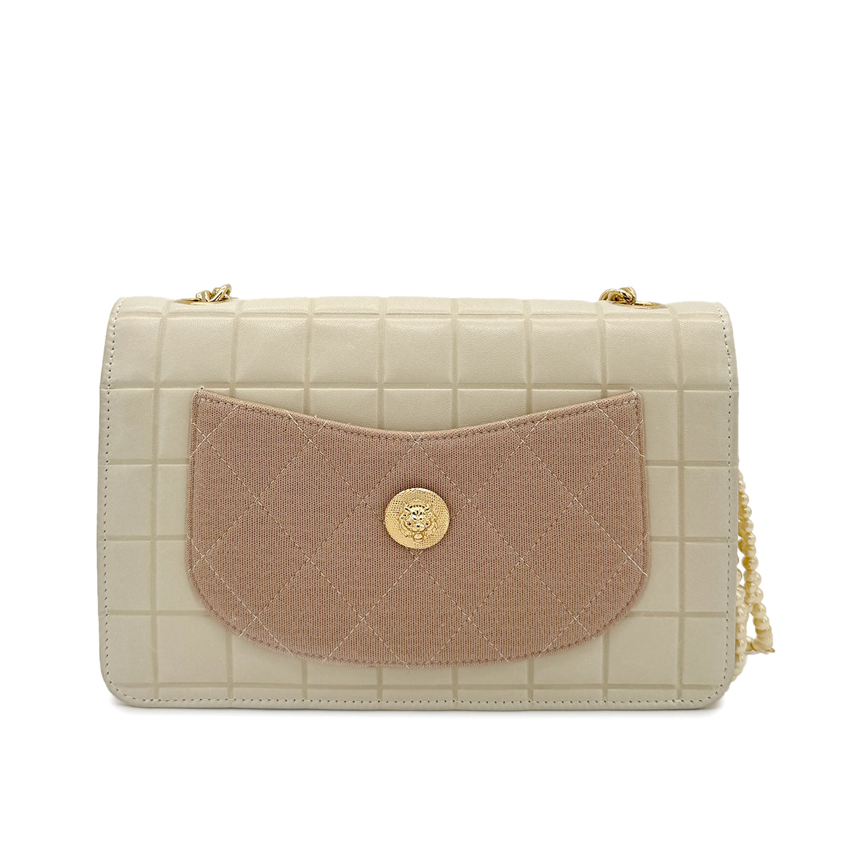 CHANEL VINTAGE CHAIN SHOULDER BAG CAMELLIA RIBBON FAUX PEARL BEIGE 90271728