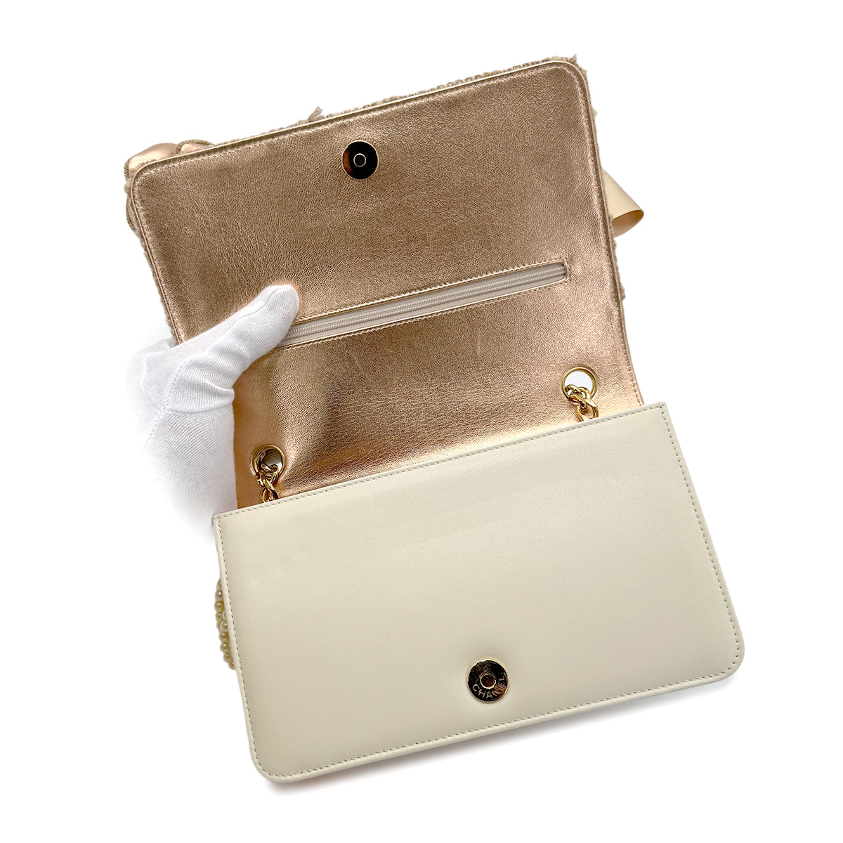 CHANEL VINTAGE CHAIN SHOULDER BAG CAMELLIA RIBBON FAUX PEARL BEIGE 90271728