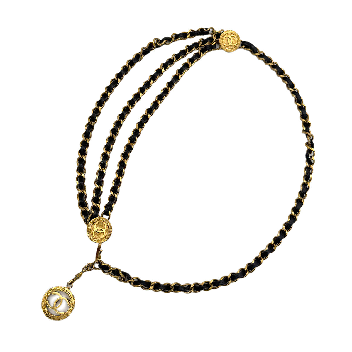 CHANEL VINTAGE CHAIN BELT LEATHER COCOMARK MEDAL ACCESSORY 90271875
