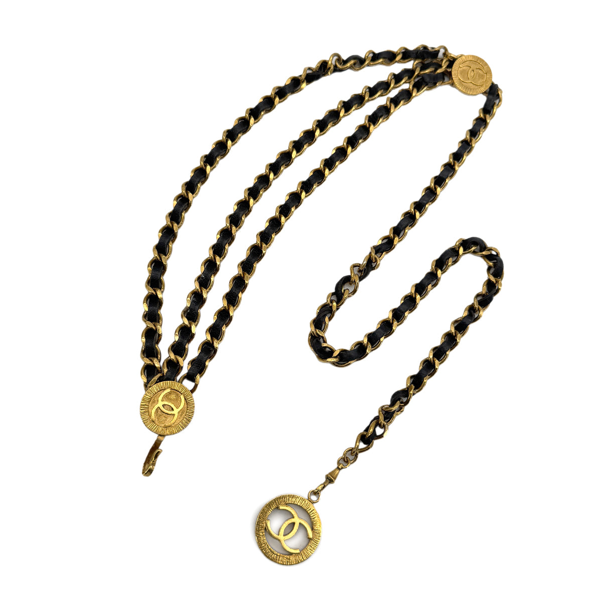 CHANEL VINTAGE CHAIN BELT LEATHER COCOMARK MEDAL ACCESSORY 90271875