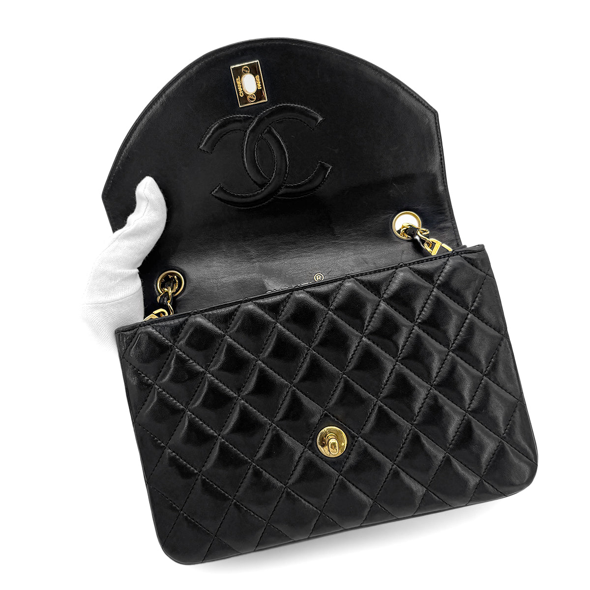 CHANEL VINTAGE HALF MOON CHAIN SHOULDER BAG BLACK LAMB SKIN 90271897