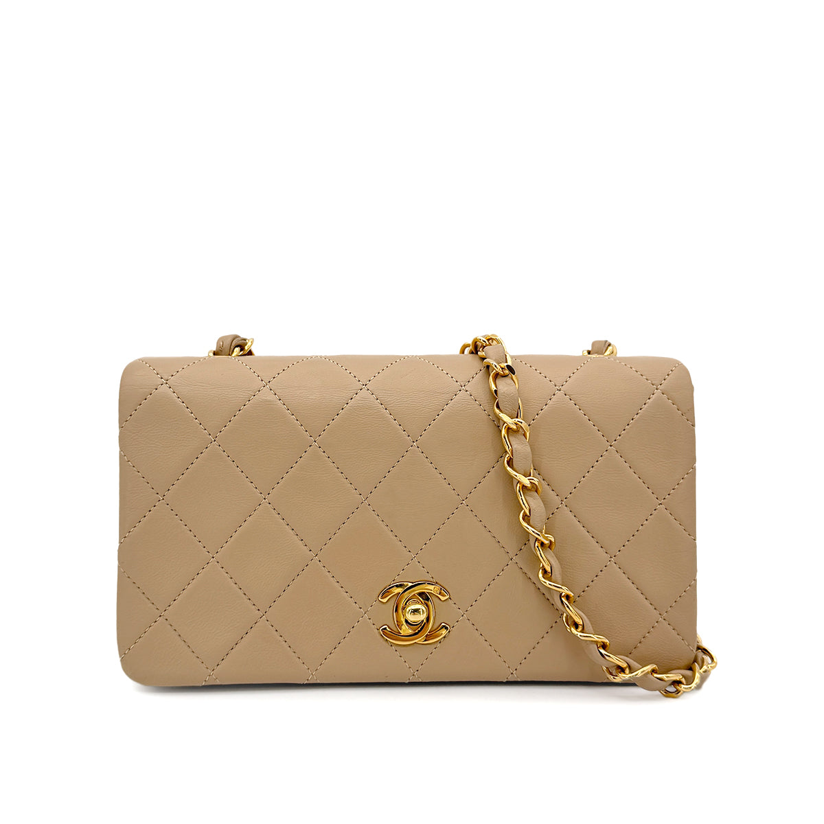 CHANEL VINTAGE FULL FLAP CHAIN SHOULDER BAG BEIGE LAMB SKIN 90271906