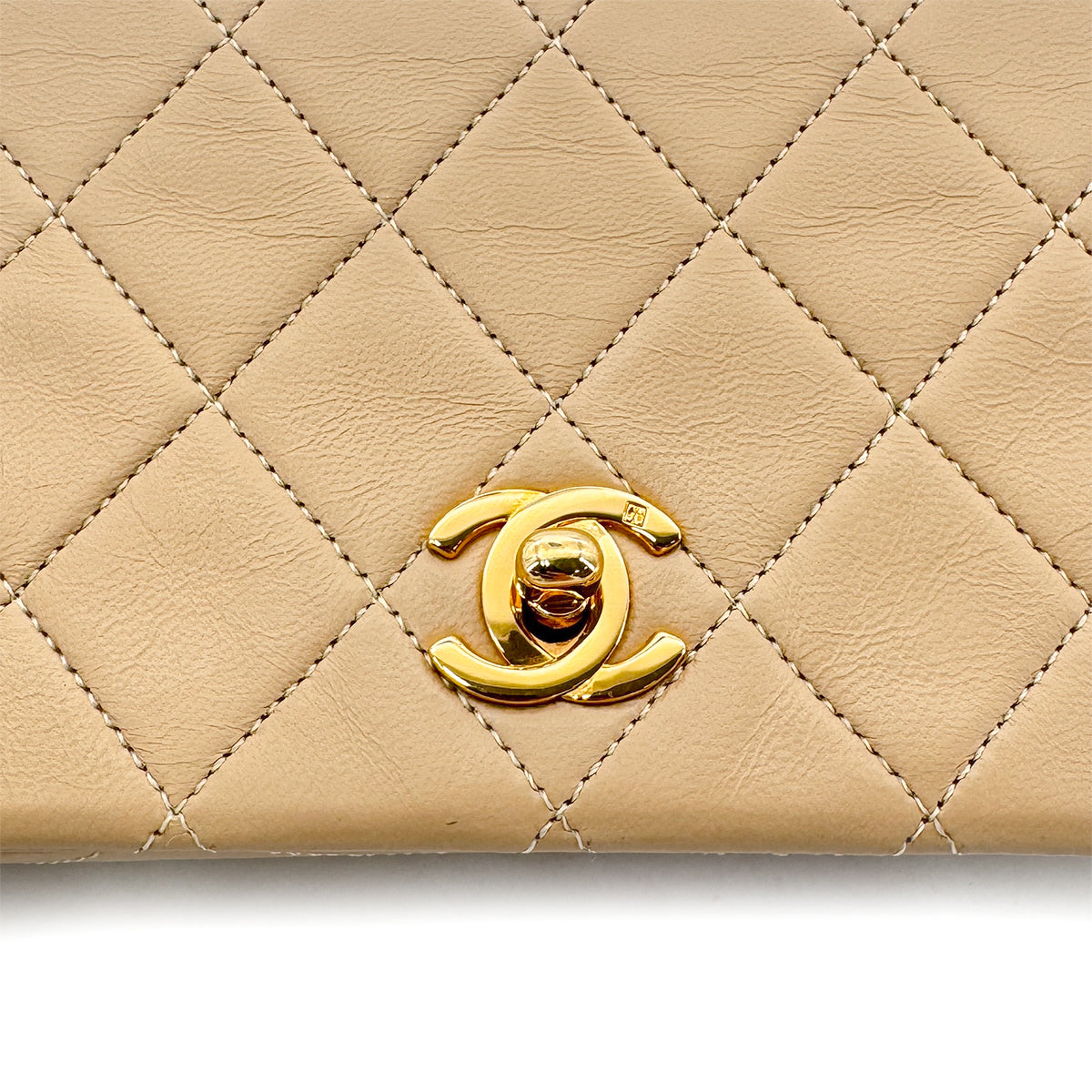 CHANEL VINTAGE FULL FLAP CHAIN SHOULDER BAG BEIGE LAMB SKIN 90271906