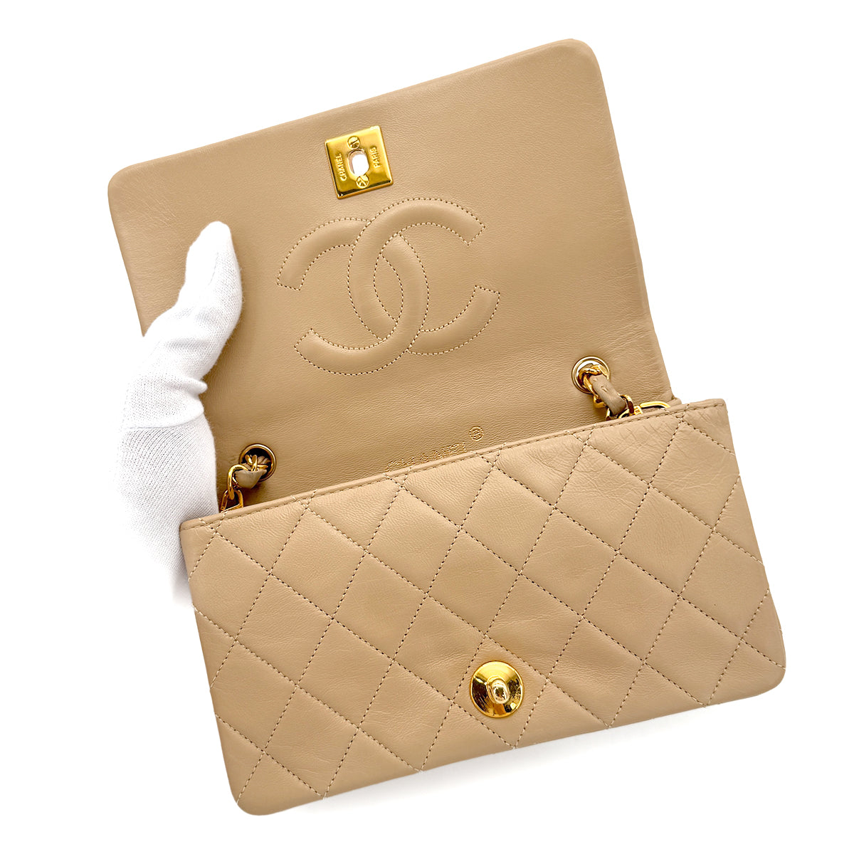 CHANEL VINTAGE FULL FLAP CHAIN SHOULDER BAG BEIGE LAMB SKIN 90271906