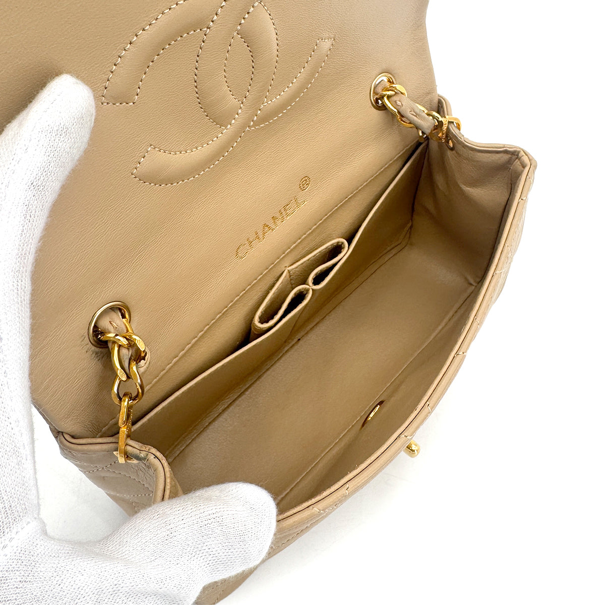 CHANEL VINTAGE FULL FLAP CHAIN SHOULDER BAG BEIGE LAMB SKIN 90271906