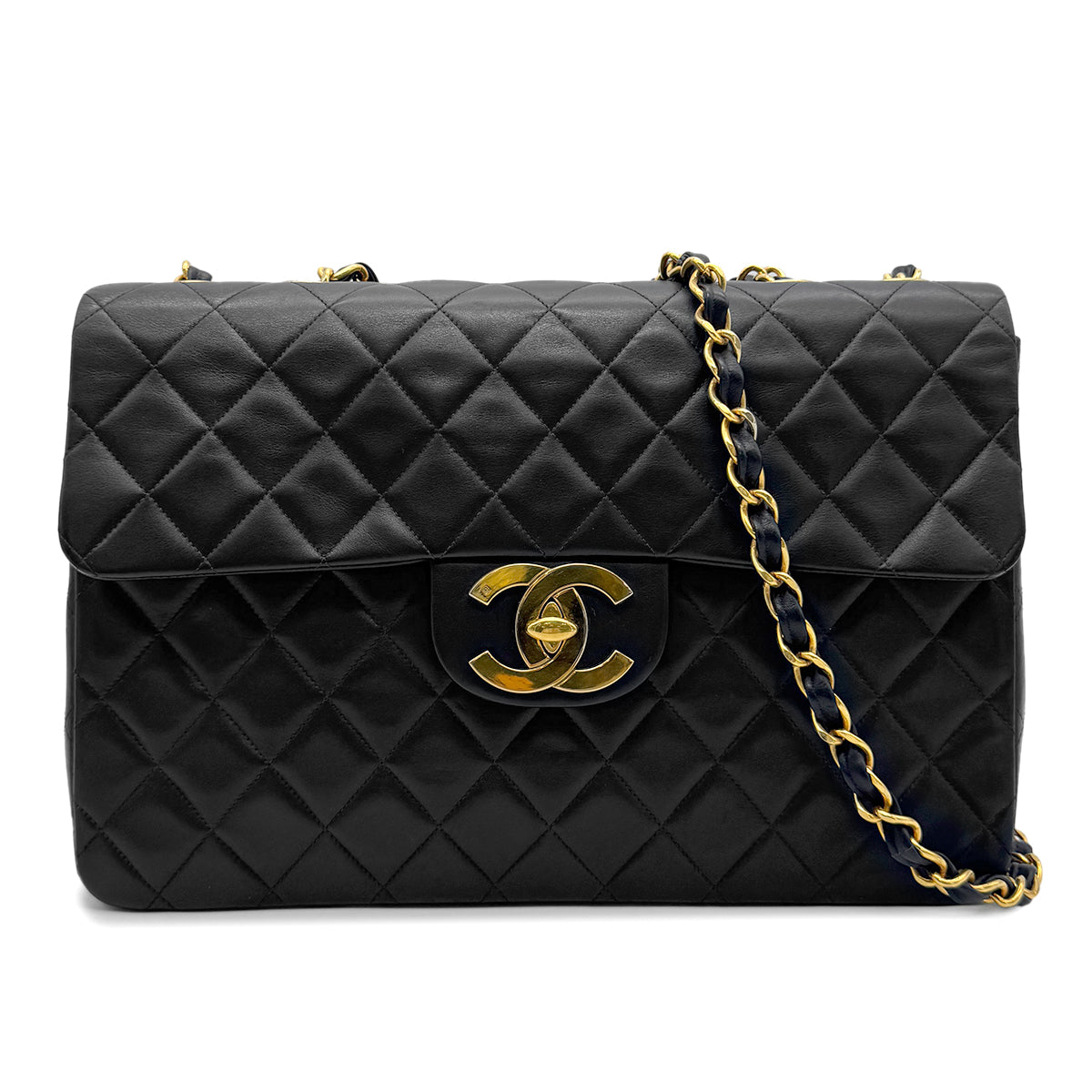 CHANEL VINTAGE MAXI MATELASSE 34 CHAIN SHOULDER BAG BLACK LAMB SKIN 90271908