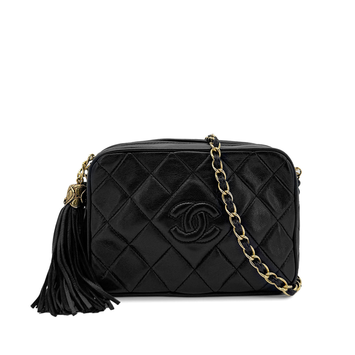 CHANEL VINTAGE FRINGE CHAIN SHOULDER BAG BLACK LAMB SKIN 90271922