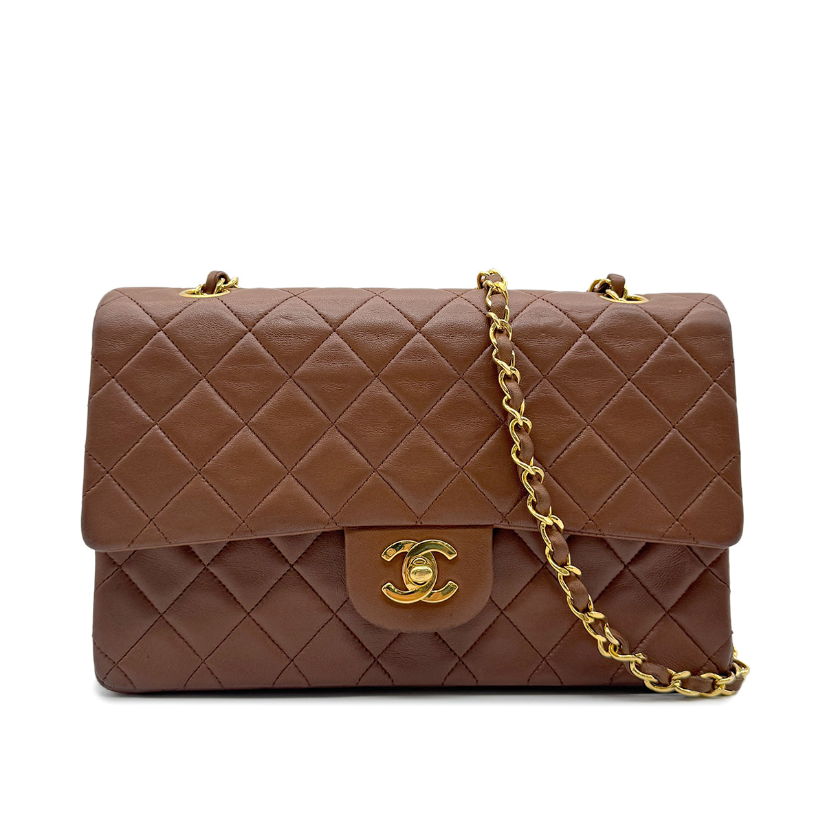 CHANEL VINTAGE CLASSIC FLAP MEDIAM CHAIN SHOULDER BAG BROWN LAMB SKIN 90271937