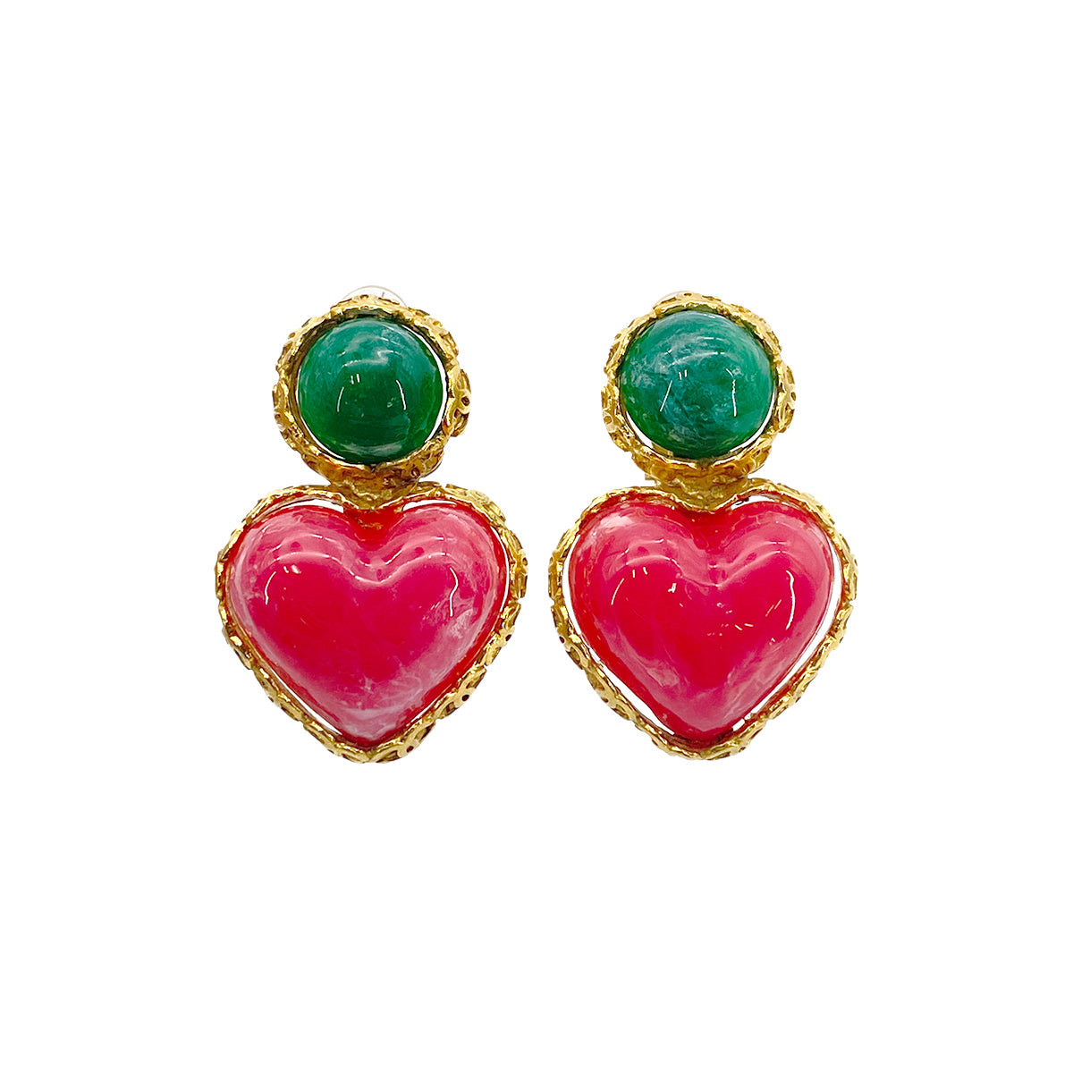 CHANEL VINTAGE EARRINGS HEART STONE PINK GREEN ACCESSORY 28 90271945
