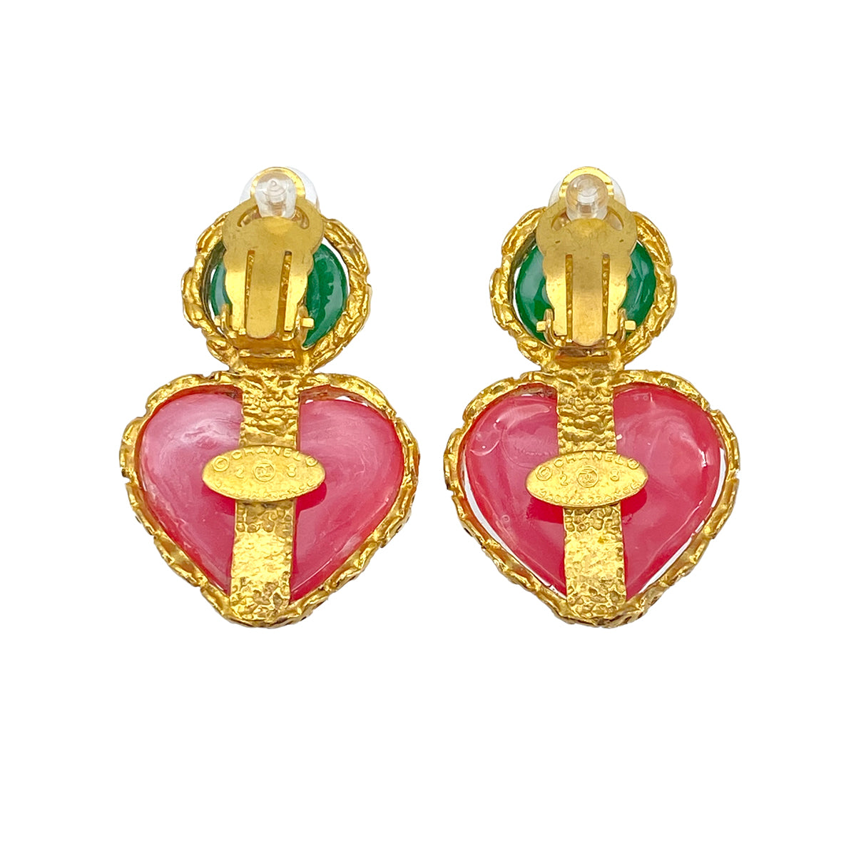 CHANEL VINTAGE EARRINGS HEART STONE PINK GREEN ACCESSORY 28 90271945