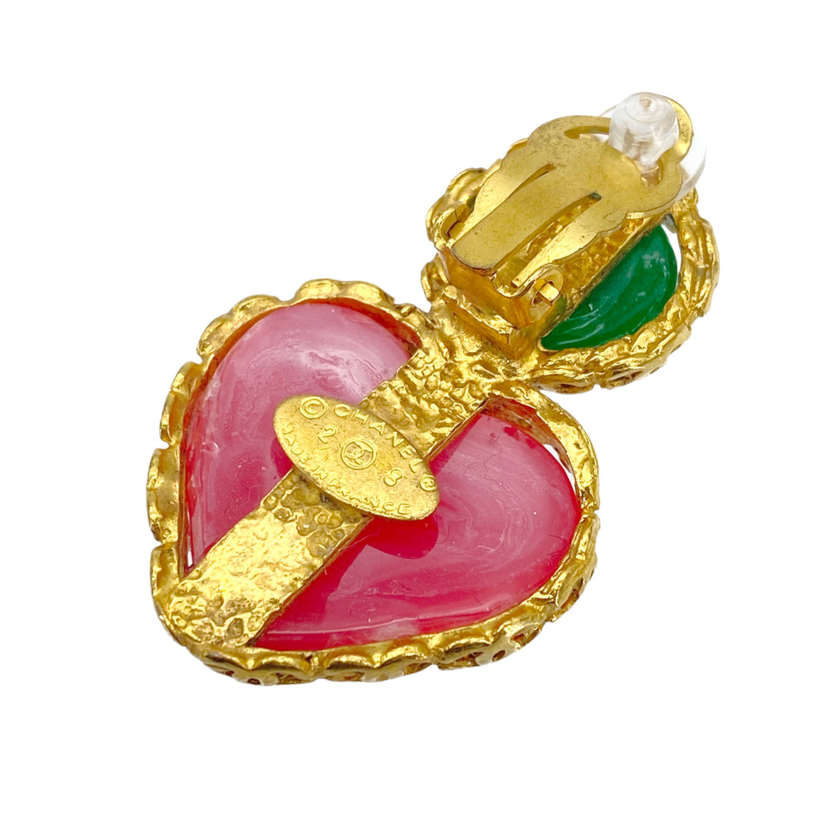 CHANEL VINTAGE EARRINGS HEART STONE PINK GREEN ACCESSORY 28 90271945