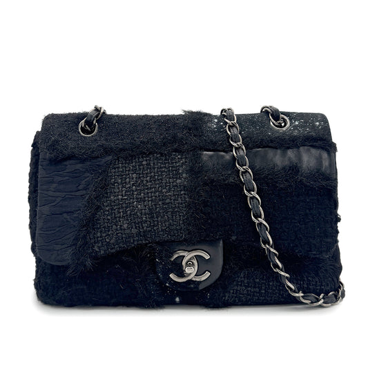 CHANEL CHAIN SHOULDER BAG PATCHWORK BLACK TWEED LEATHER 90271966