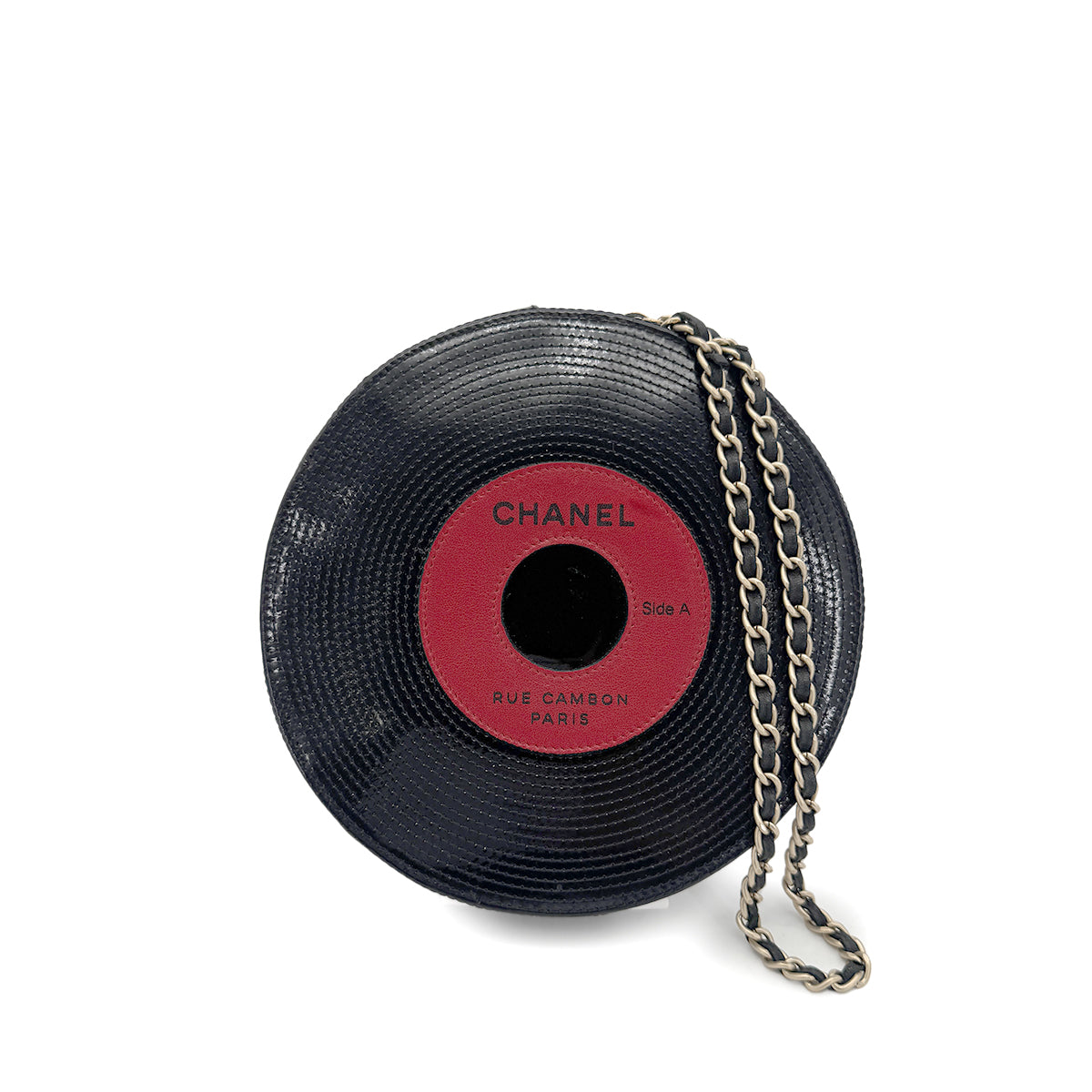 CHANEL VINTAGE CHAIN HAND BAG RECORD MOTIF BLACK  PATENT LEATHER 90271970