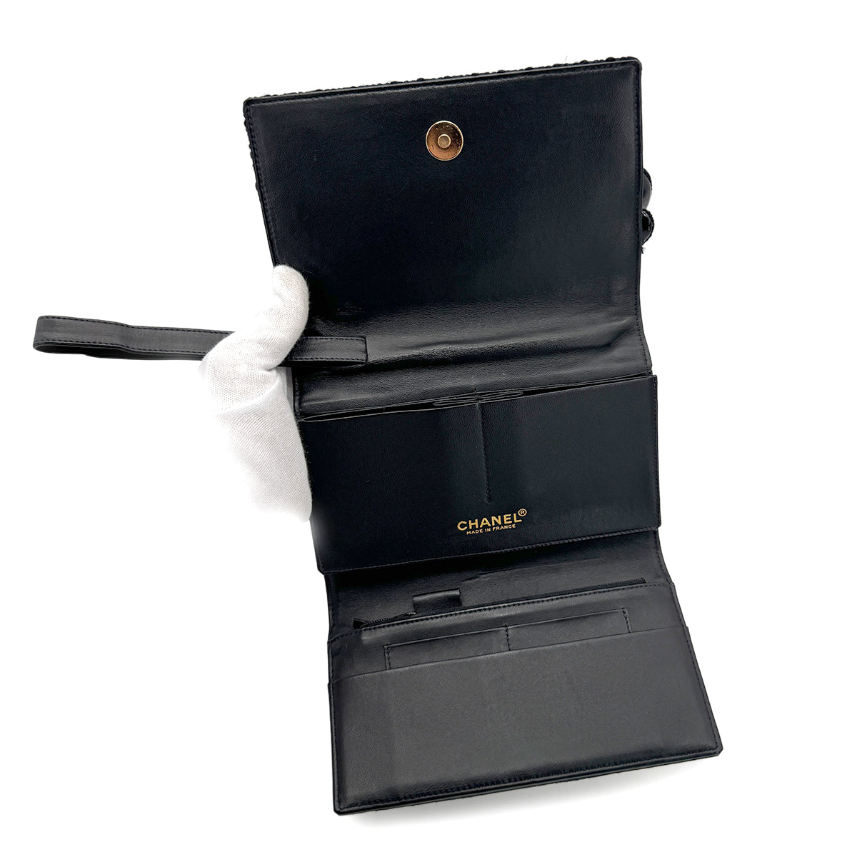 CHANEL VINTAGE CHOCOLATE BAR CLUTCH WALLET BLACK LAMB SKIN ENAMEL 90271982
