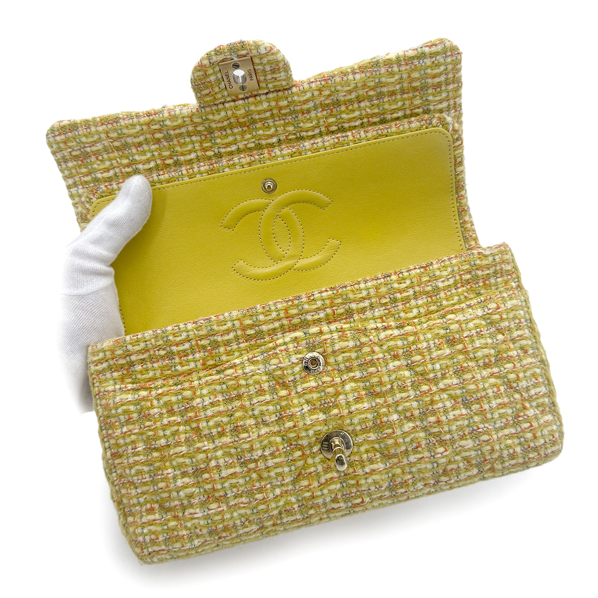 CHANEL CHAIN SHOULDER BAG YELLOW GREEN TWEED 90271986
