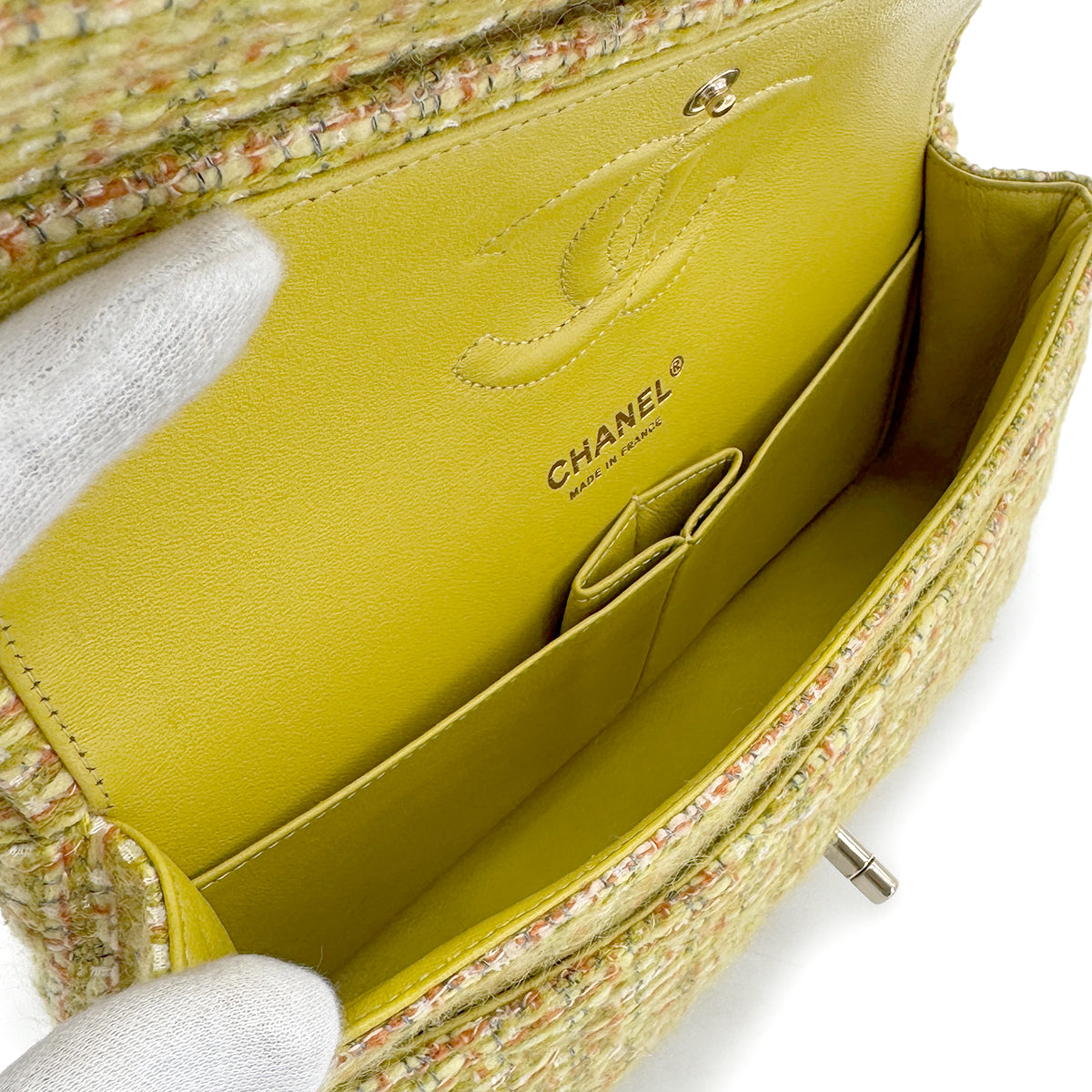 CHANEL CHAIN SHOULDER BAG YELLOW GREEN TWEED 90271986