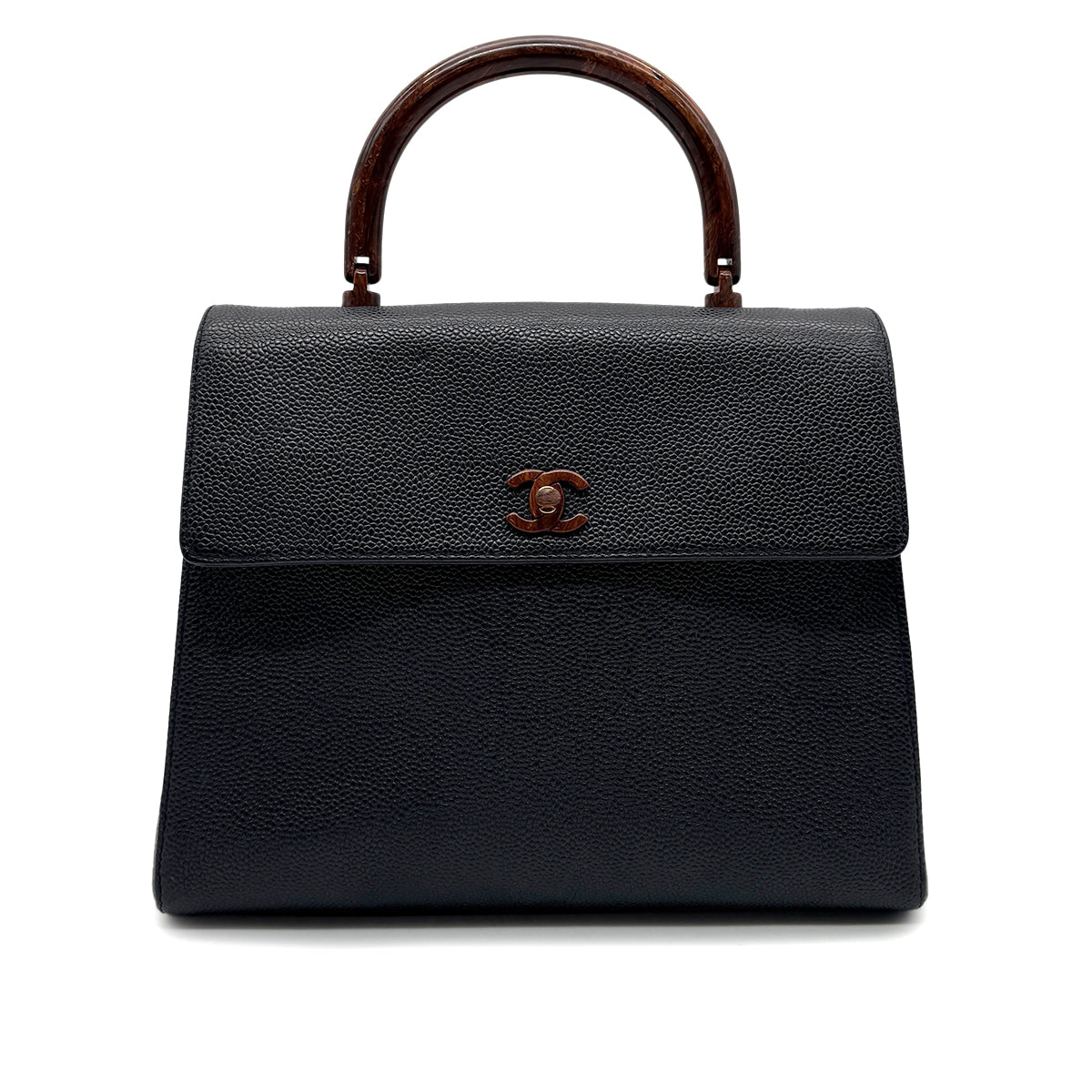 CHANEL VINTAGE WOOD HANDLE HAND BAG BLACK CAVIAR SKIN 90272045