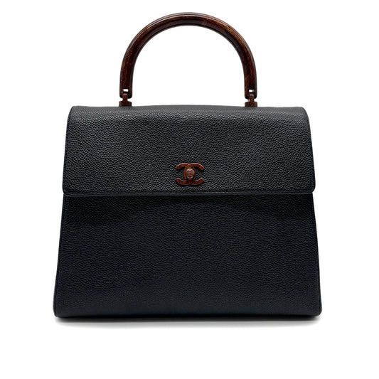 CHANEL VINTAGE WOOD HANDLE HAND BAG BLACK CAVIAR SKIN 90272045