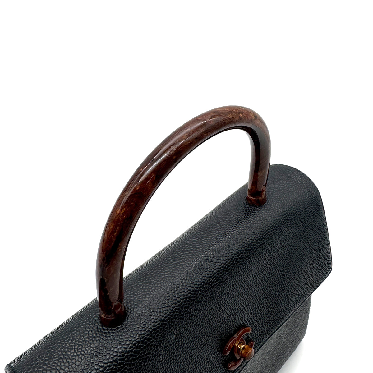 CHANEL VINTAGE WOOD HANDLE HAND BAG BLACK CAVIAR SKIN 90272045