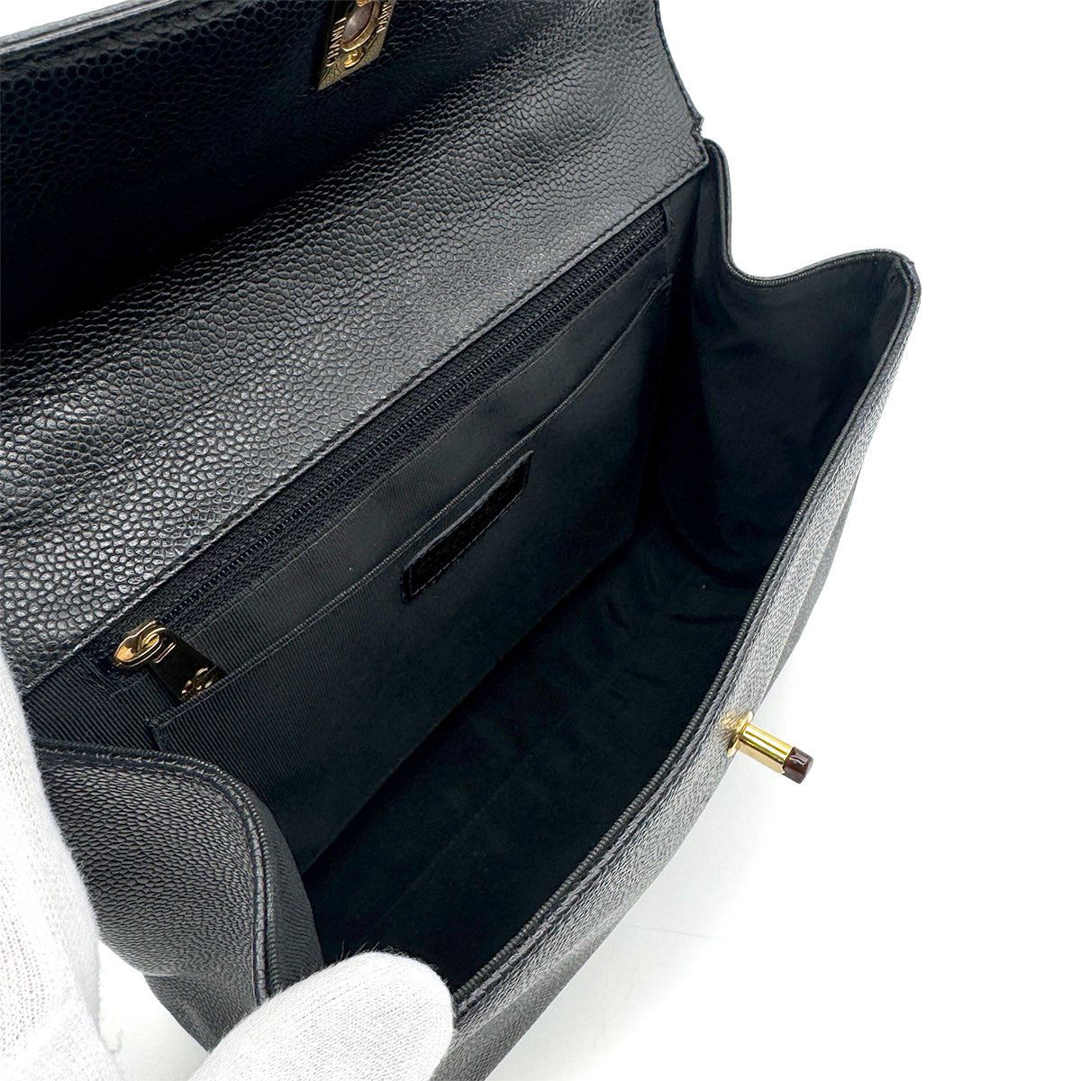 CHANEL VINTAGE WOOD HANDLE HAND BAG BLACK CAVIAR SKIN 90272045