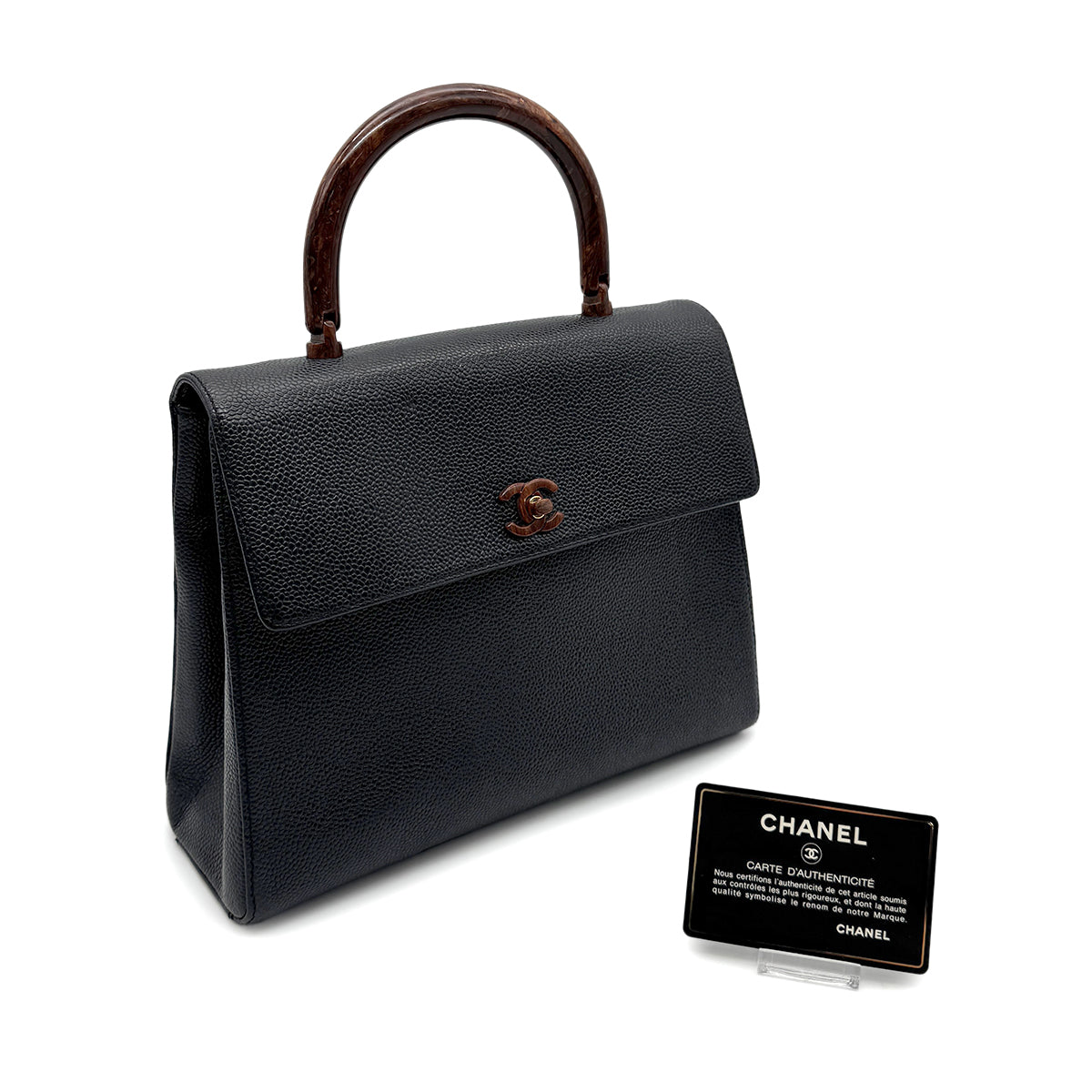 CHANEL VINTAGE WOOD HANDLE HAND BAG BLACK CAVIAR SKIN 90272045