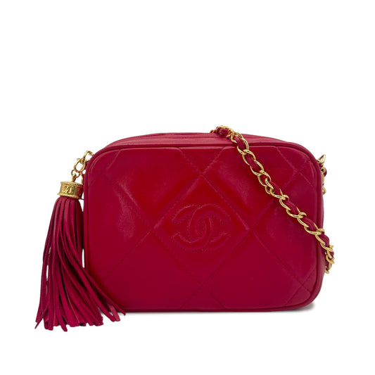 CHANEL VINTAGE FRINGE CHAIN SHOULDER BAG RED LAMB SKIN 90272325