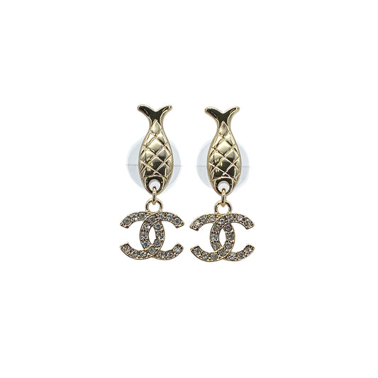 CHANEL EARRINGS COCOMARK FISH RHINESTONE SWING B25C 90272348