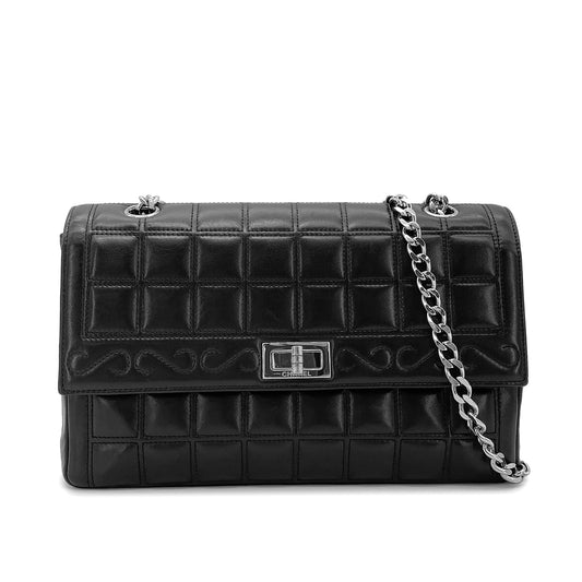 CHANEL VINTAGE 2.55 CHOCOLATE BAR RHINESTONE CHAIN SHOULDER BAG BLACK LAMB SKIN 90272503